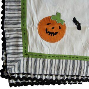 NEW Pottery Barn Halloween Tablecloth 66" Square Pumpkins Bats Ticking Stripe
